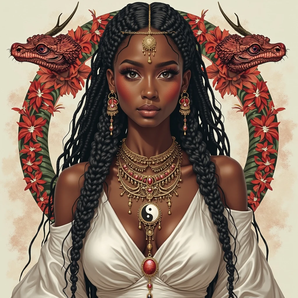 Black and white arm tattoo of a young forest witch, very beautiful, of African features, long, full hair with dreadlocks, a crown of branches, flowers and elven costumes