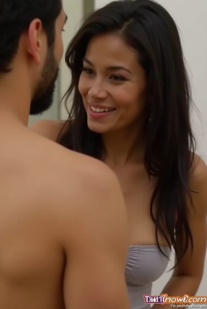 an Indonesian woman with big breasts naked hairy pussy fucks with a man. horny facial expression