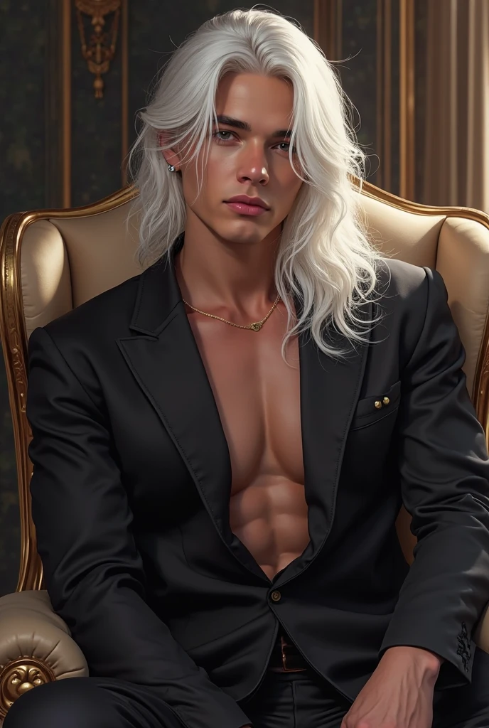 Create a handsome and attractive prince of hell, that has long white hair with some braid strips, that has blue-purple eyes, Leave her chest exposed with some tattoos and put on a semi-transparent black robe with gold embroidery, that he has leather pants with a belt, Put a bracelet on his arm too. He is sitting in an elegant black chair and has a glass of black wine in his right hand. 
