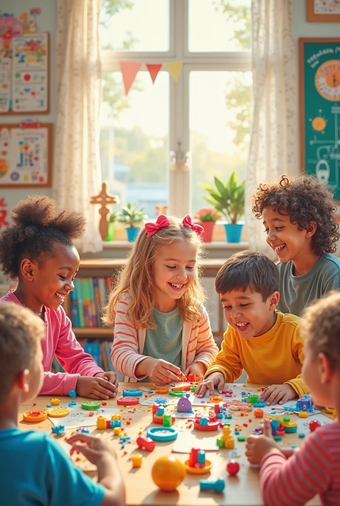 Create an image of children learning with interactive hands-on toys