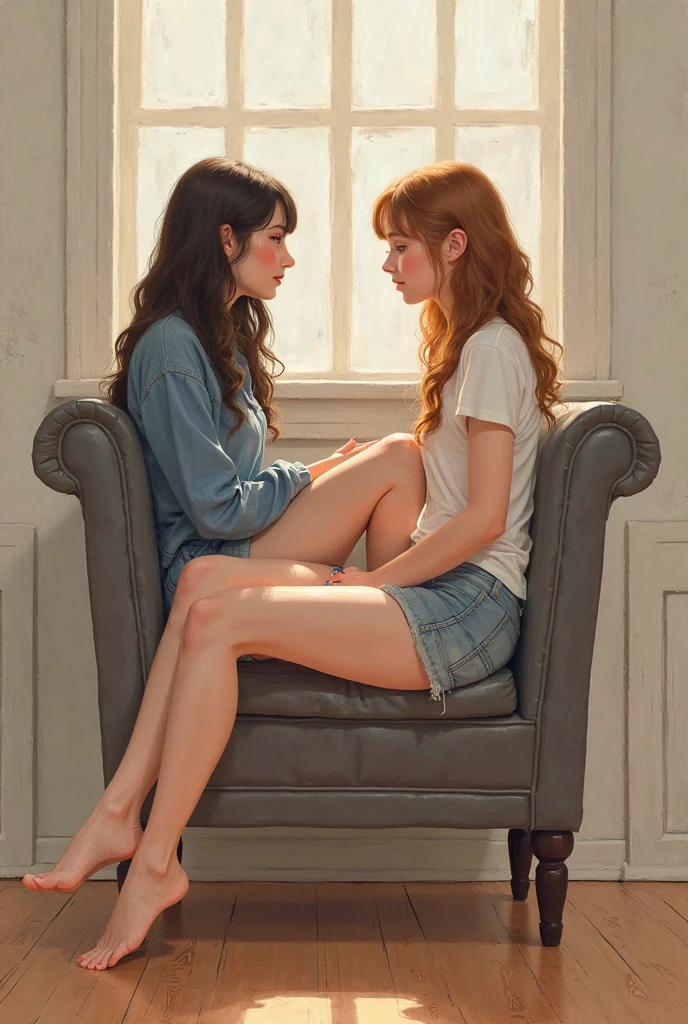 A brunette girl with brown hair sitting on a chair with a black-haired girl in her lap, And both of them are kissing