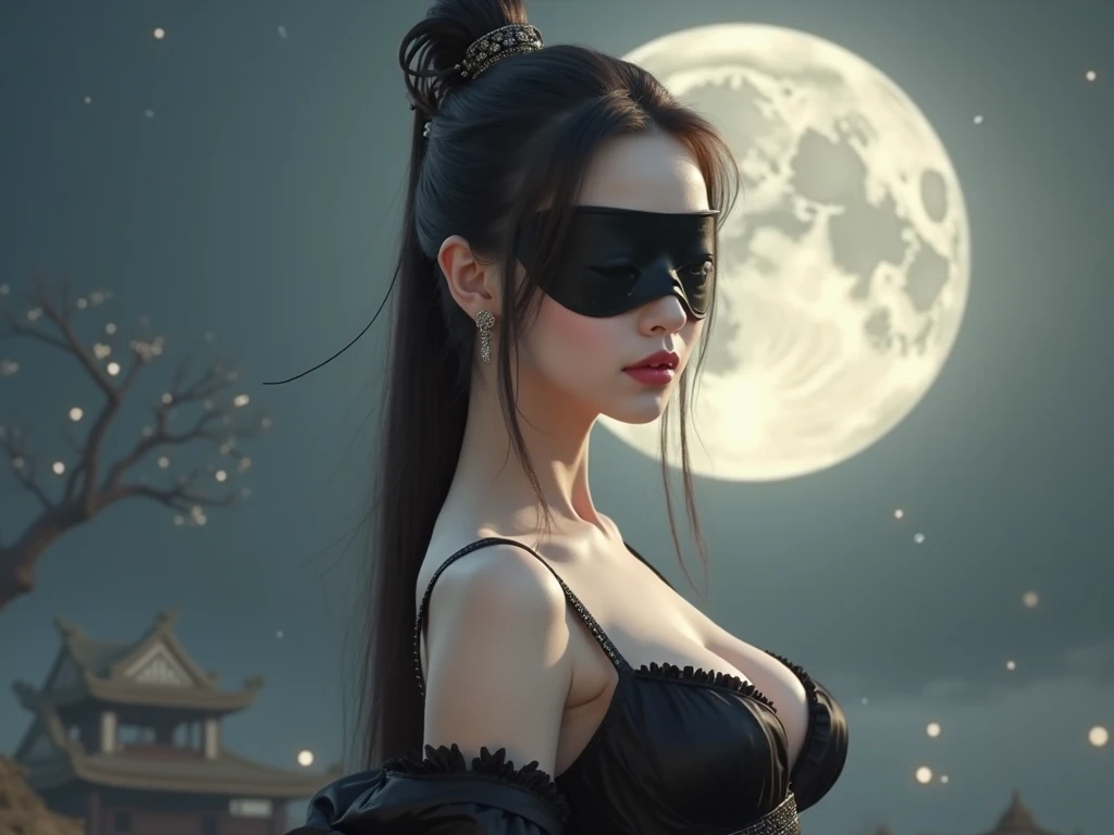 high quality fingers, normal hands, detailed fingers, masterpiece, (realistic, photo-realistic: 1.37), realistic, 1girl, long hair:1.5, black hair:1.2, red eyes:1.5, bright eyes, mortal kombat, ninja, weapons, kimono, dress,, large breasts, serene look, temple, meditation, ninja mask, cover half of face, demonic mask, reflection, moonlight, moon, cherry blossom, swords