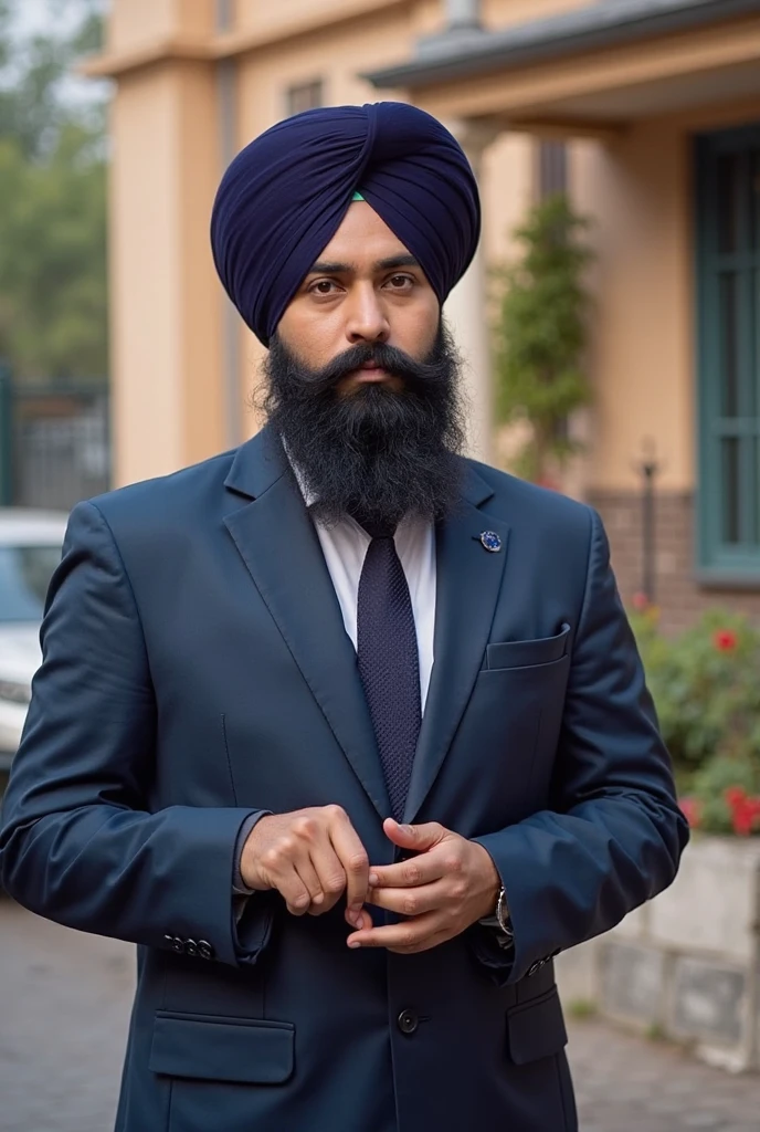Sad Sardar wearing formal attire and looking at laptop, there is canadaian flag behind him