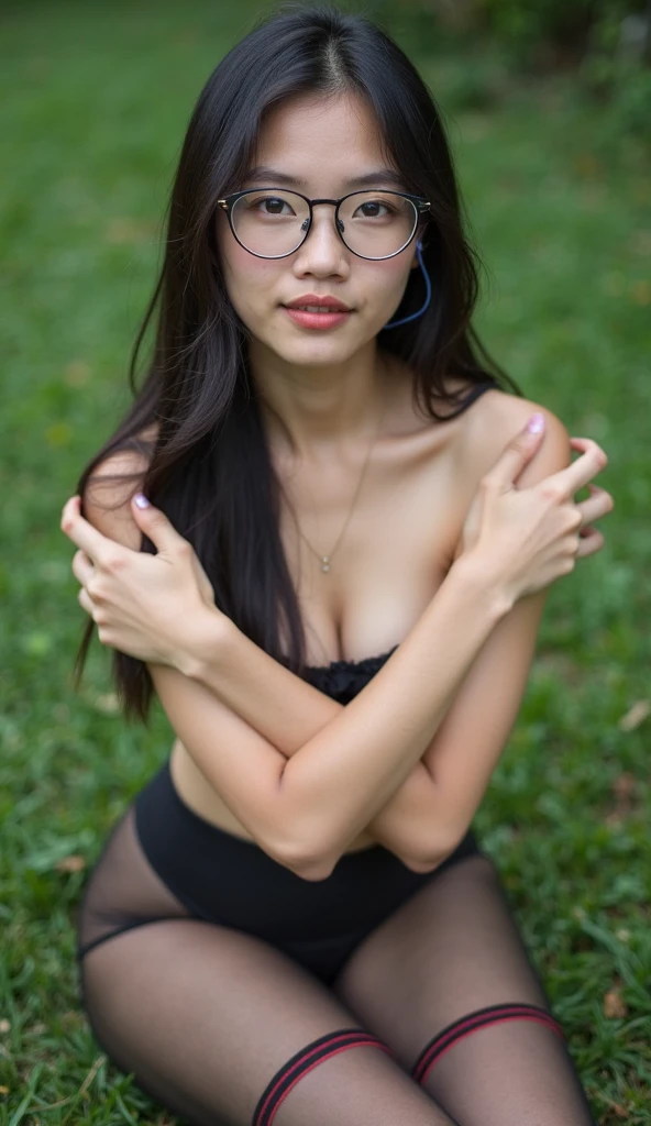 RAW photo, girl, beautiful face, (wearing round glasses), intricate detail, naked, very detail naked, (spread your legs wide), (full body portrait:1.5), flat chested, (realistic nipple:1.0), (thick pubic hair:1.0), hand on chested, estrogens body shape, glossy lip, Soft smile, Realistic, 1girl, charming eyes, glowing eyes, parted lips, natural skin texture, pale skin, realistic skin texture,glossy lips, village scene, 135 mm lens, establishing shot, pastel color grading, depth of field effect, high quality, realistic human body in every detail, (8k, RAW photo, best quality, masterpiece:1.2), (realistic, photo-realistic:1.37) perfect anatomy, dynamic pose, depth of field, Fine art photography,