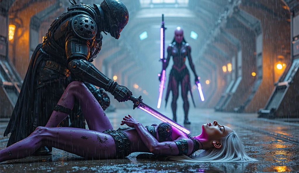 arafed woman in a pink outfit is holding two swords, ghost in the shell movie scene, white metallic armour, mariko mori, male warrior silver armor, high kick, still image from the movie, adam and eve versus godzilla, featured in cinematic, kiko mizuhara, highly detailed character design, afrofuturistic --ar 16:9 --auto --s2