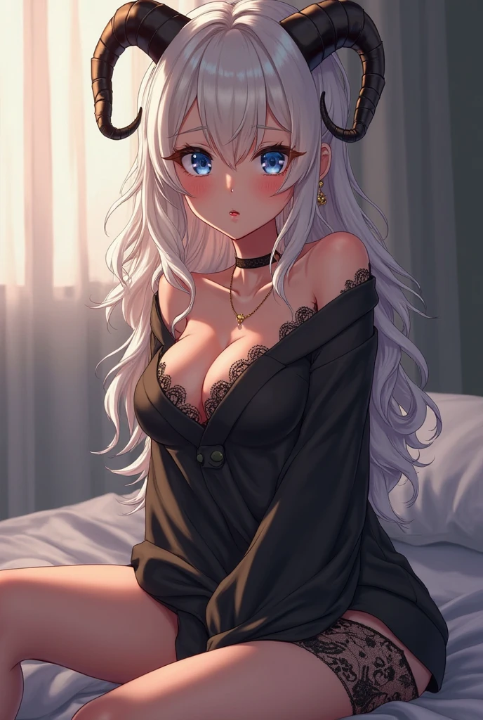 teens girl，A pair of sheep horns grow，White slightly curly hair，Crop topping，cheeks slightly red，Pink pupils，busty figure，Collapsed on a white bed，meticuloso，high qulity --auto
