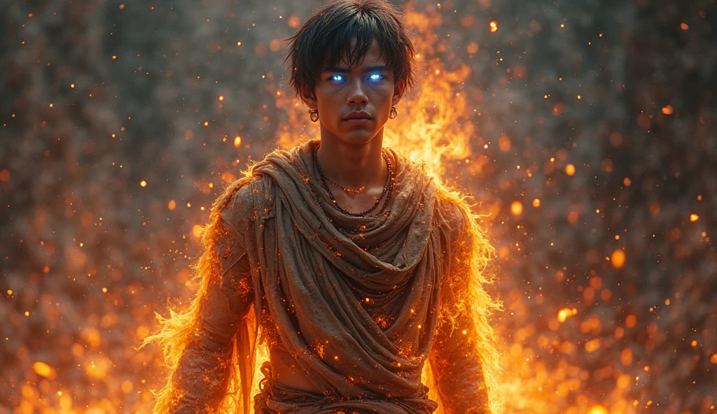 In the middle of a burning Winterfell, under a relentless, snow-covered sky, there is a  Targaryen boy. He is completely bald, with piercing violet eyes that shine with intensity, matching the flames around it. The boy is shirtless, exposed to the biting cold, but apparently indifferent to it. Blood runs from his eyes, blending in with the falling snowflakes, creating a haunting image of pain and power. A strange aura of fire surrounds your body, with flames licking your skin harmlessly, as if he were one with the fire itself—a true son of the dragon. The destruction of Winterfell serves as a dramatic backdrop to the strange and powerful presence of the young Targaryen., with the scene having a medieval and apocalyptic tone.