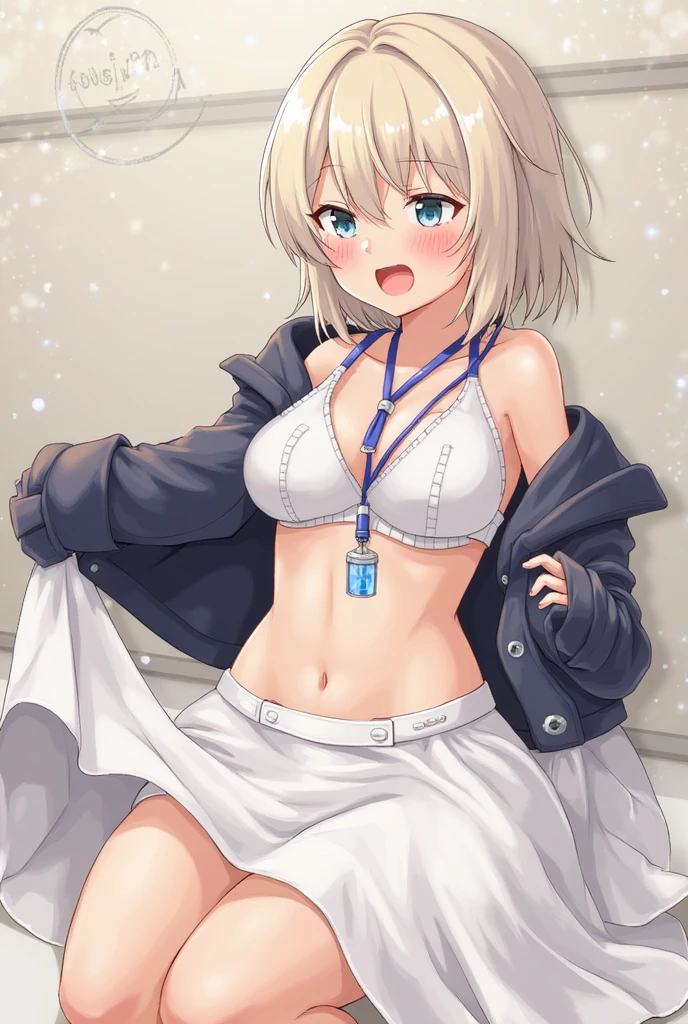 fubukibeach, blue bikini, bikini skirt, white cardigan, white hair, single side braid,<lora:shirakami_fubuki_9_outfits:1>,fox tail,at a luxury hotel spa