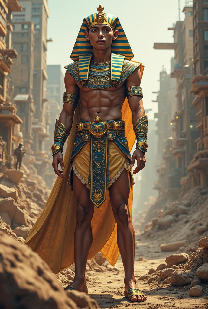 obra maestra, absurdos, detalles finos, HDR,
solamente, Male boy of 15 years with short straight hair and without clothes wears clothes of ancient Egypt and with bracelets and chains of ancient Egypt we see him walking amazed and scared through the different streets of the city new york