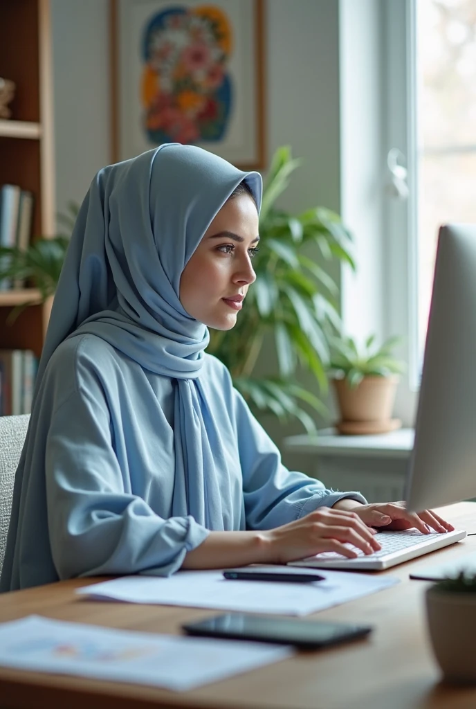 Generate a very beautiful hijabi girl and work ing laptop full image