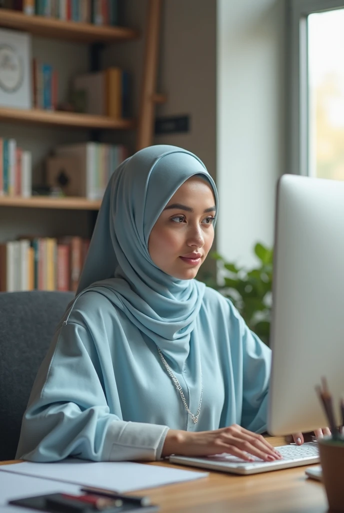 Realistic close up photo of a beautiful Indonesian woman wearing a white hijab sitting on a chair facing a laptop at the table, an acrylic table nameplate that says "BCA" at the top, holding an iPhone 14 Promex smartphone, very detailed photo. realistic 16k
