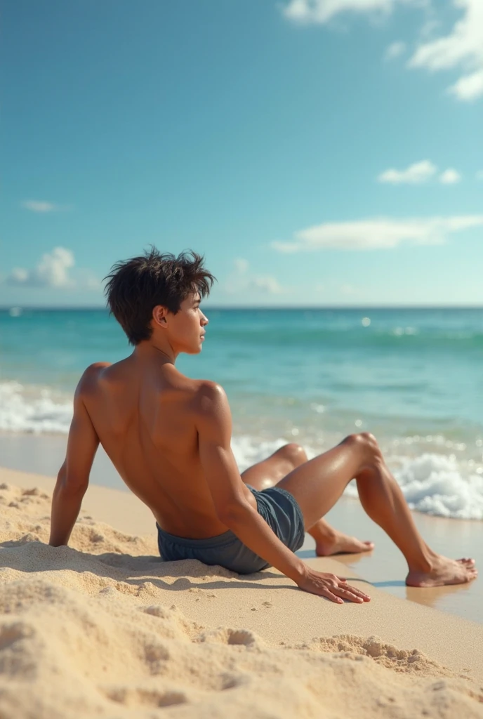 a very handsome man as if he came out of a men's shower gel advertisement, book cover boy(wondering), t-shirt, active, he is in Right side view. on the serene beach normally sunset view, ultra wide angle
, crowded