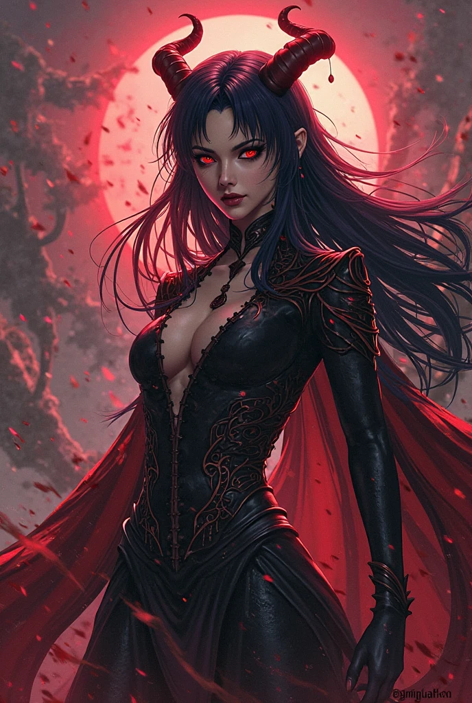 scary vampire woman, pale, black hair with duel knives