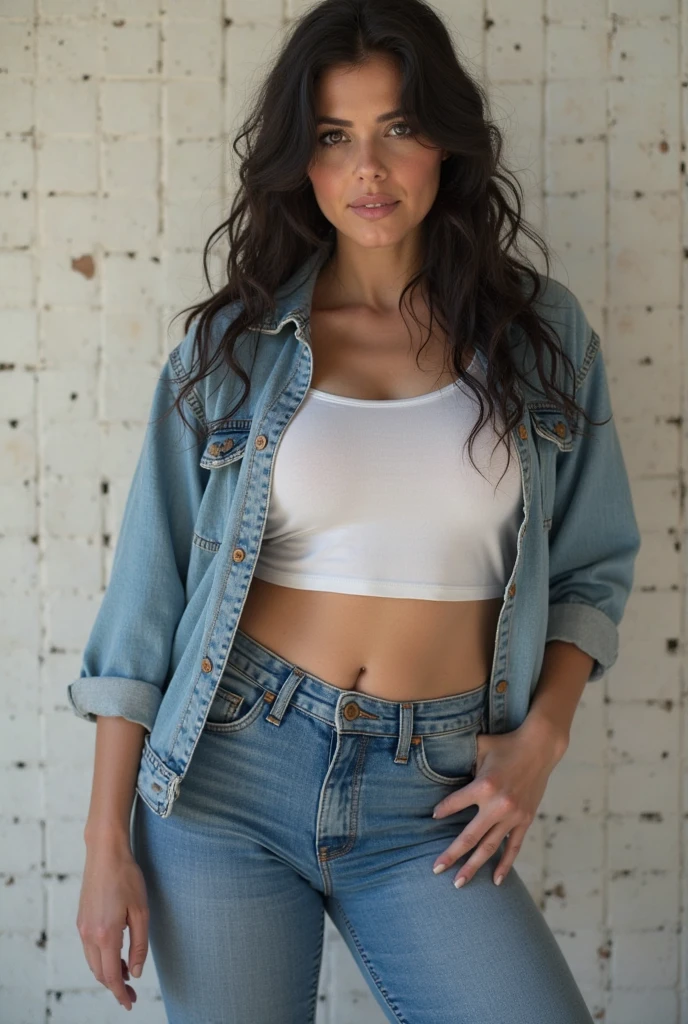Please generate an image of a young woman with the following characteristics:
- Female, 17 years old
- Height: 168 cm
- Posture: Confident and assertive
- Hair color and style: Long lustrous dark brown hair, slightly wavy
- Eye color: Emerald green, slightly arrogant expression
- Skin tone: Lightly tanned, smooth complexion
- Facial features: Prominent cheekbones, lips that convey assertiveness
- Upper body description: Ample B-cup breasts; dressed in a tight white tank top that showcases the figure
- Waist/Hips measurement: Slim waist at 60 cm leading to full hips at 92 cm
- Clothing for lower body description: Form-fitting denim shorts that emphasize slender legs and full hips
- Footwear: Simple strappy sandals
The overall image should convey a sense of pride in appearance without being overtly flirtatious.