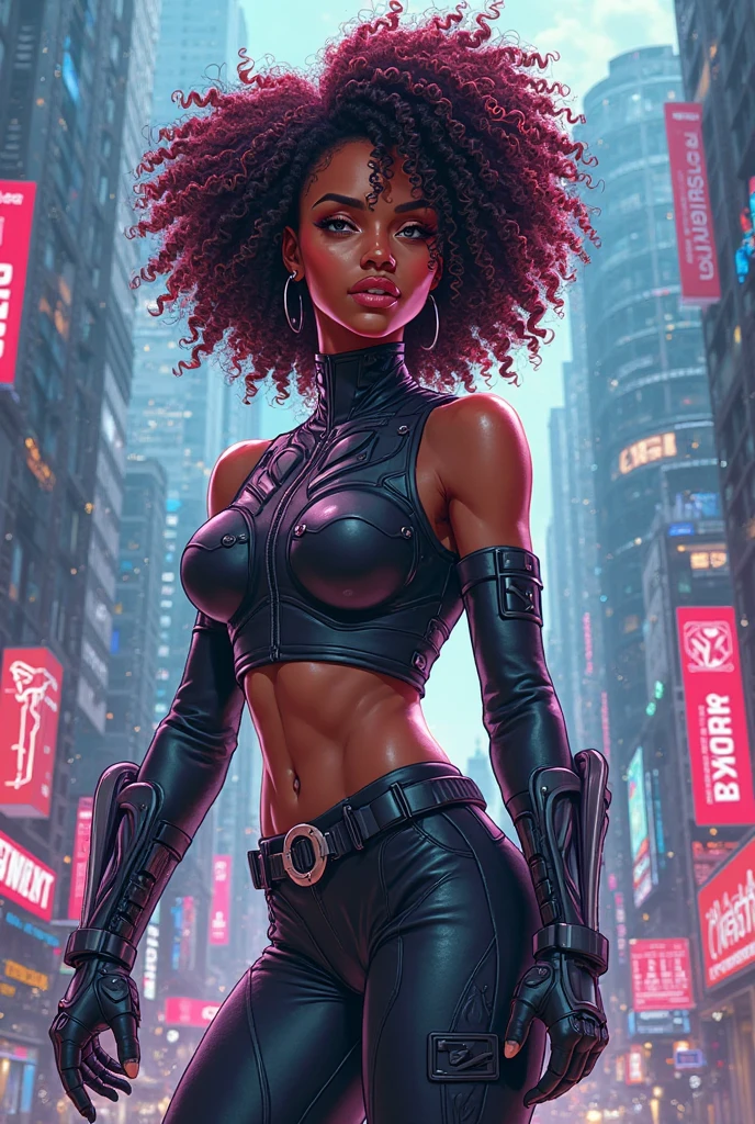 "Create an image of a superhero named Dama Dominante featured on the cover of a comic. She is in a powerful and confident pose, standing with legs slightly apart, holding a whip in one hand. Dominant Lady is of Afro-Brazilian and European ethnicity, with light brown skin and wavy brown hair. Her outfit is fitted black leather, with vibrant red and silver details. She wears a mask that covers the upper part of her face, leaving your green eyes visible. A short cape flutters in the wind, adding dynamism to the image. The background is a city at night, with skyscrapers and bright lights. Use dramatic lighting to highlight your figure, creating a silhouette effect with red and silver highlights on your outfit. She looks directly at the reader with an intense and confident gaze, exuding power and presence."