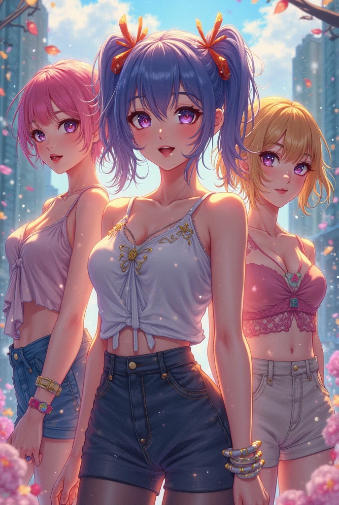 (high quality),Again:zero,(2 girls(one person has blue hair,one person has pink hair),short hair,blue and yellow eyes,very beautiful girl), ((front standing pose,beautiful navel,), cute, shy), detailed hairstyle, lace detail, garter belt, walk, play, Rainbow white dress, beach background, dark makeup,pineapple,Palm fruit, modest smile, fine eyes, intricate details, octane rendering, 8K