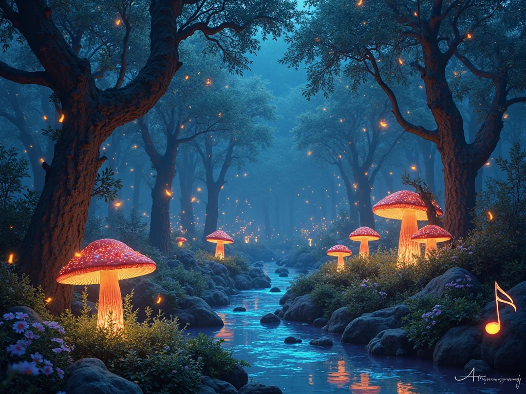 Musical Instruments Forest Musical magic forest at night, bioluminescent mushrooms pulsate in ...