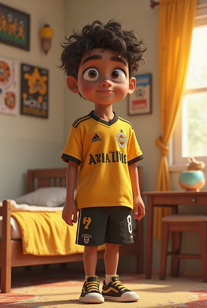 a character in standing pose, hyper-realistic, 1 young boy, beautiful detailed eyes, beautiful detailed lips, extremely detailed face, long eyelashes, black hair, green t-shirt with the name MANINHO and below the name MANINHO the number 25025 printed, blue pants, knee-high socks, soccer player style, intricate details, volumetric lighting, dramatic chiaroscuro, cinematic lighting, award-winning digital art, masterpiece, high quality, 8k, photorealistic, studio lighting, physically based rendering, vibrant colors, warm color palette, pixar style, disney