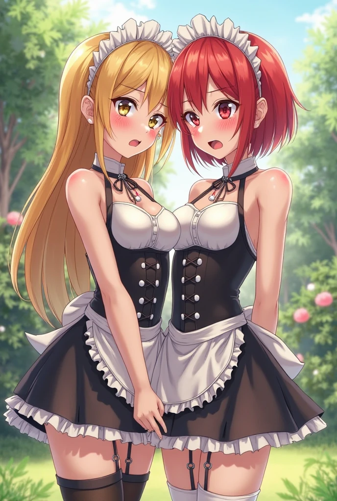 (obra de arte), anime uma garota maid, cabelos vermelhos, olhos vermelhos, usando uma coleira,