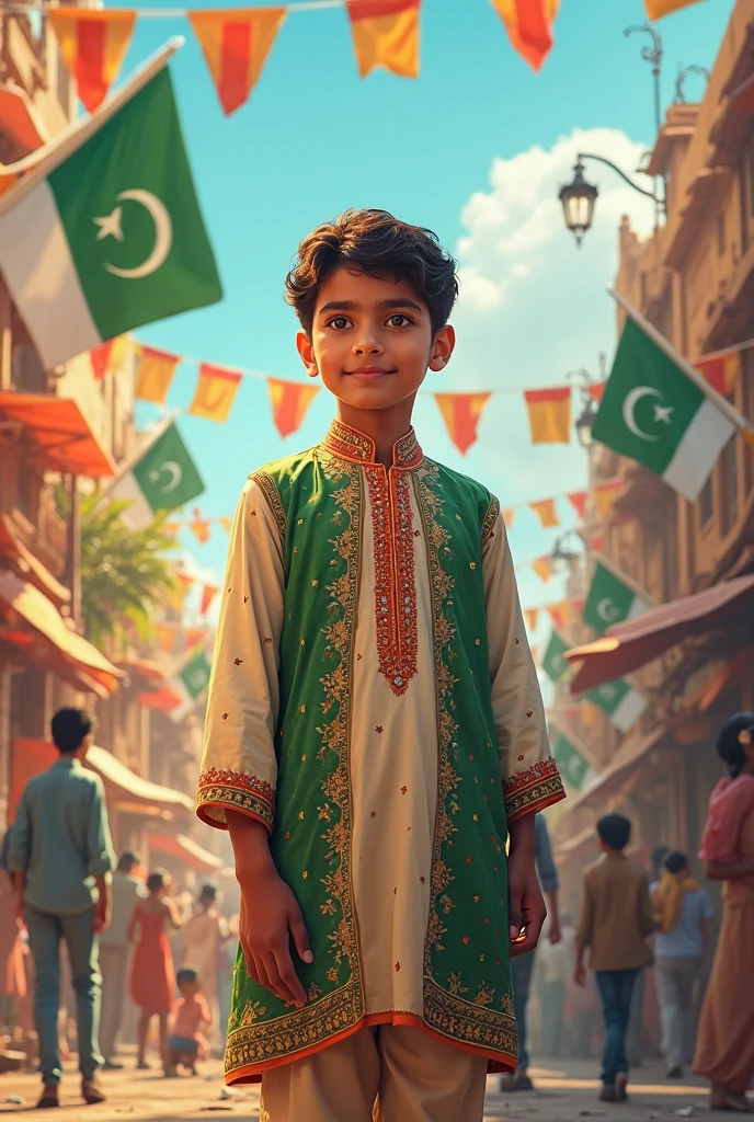 A young Pakistani boy promote to Pakistan wearing a Pakistan Independence day soat