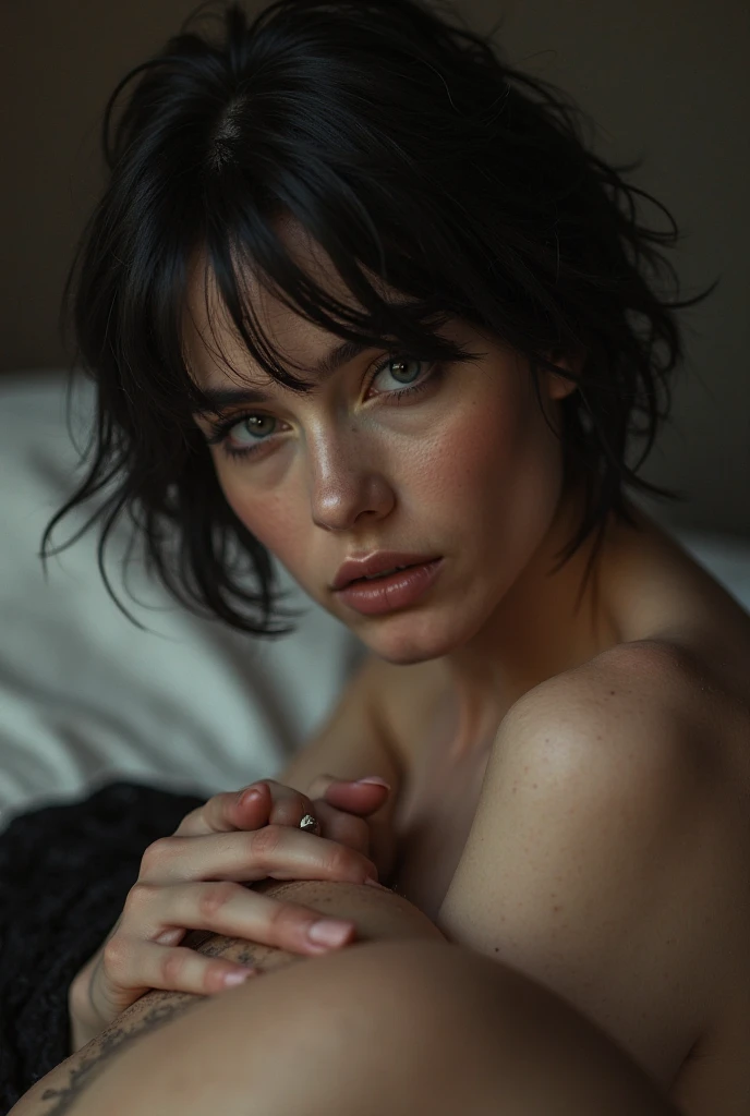 Fair skinned caucasian girl with straightened shoulder length dyed black hair and bangs, hazel eyes, 1 nose piercing, medium size breast, thick thighs, medium sized butt, sexy, naked