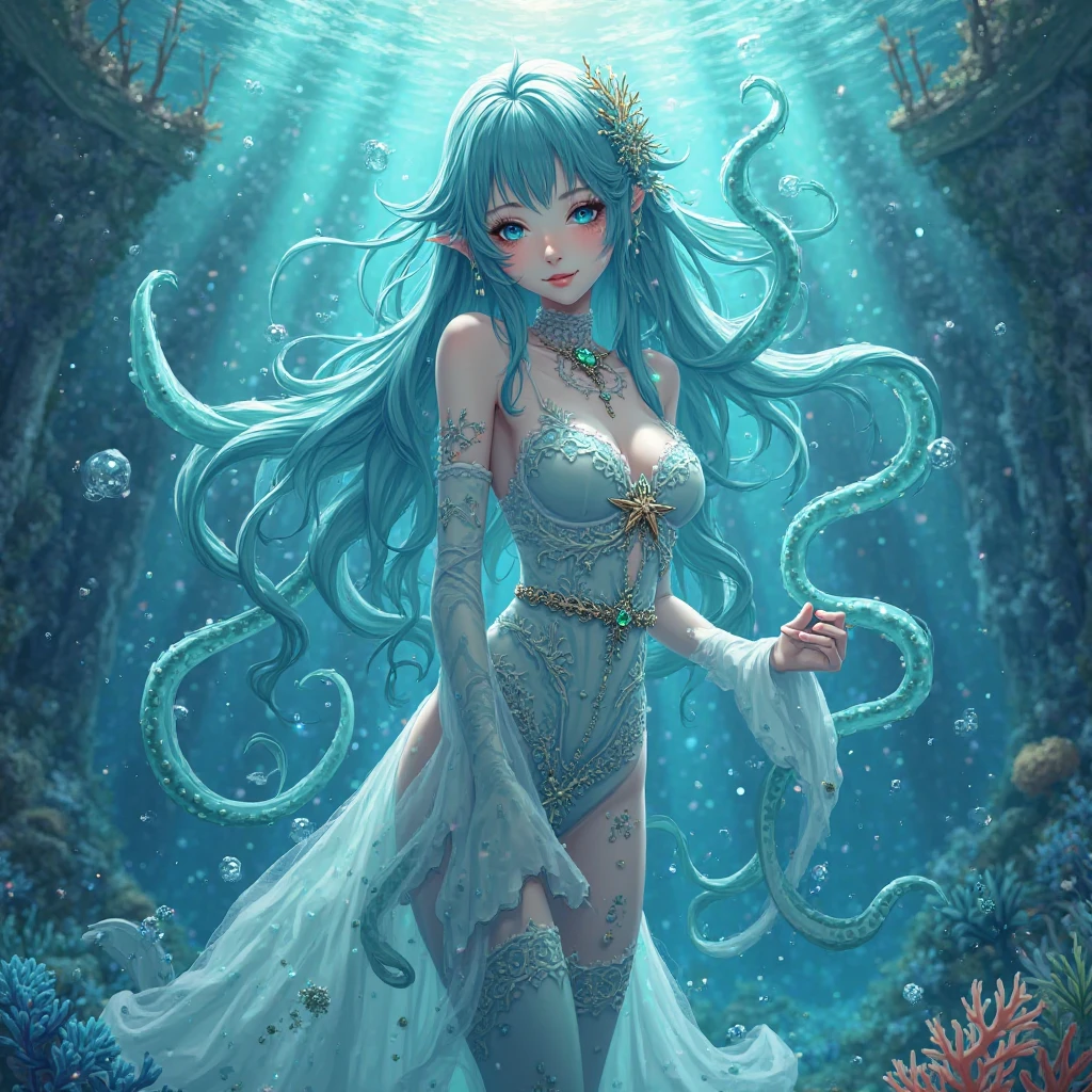 high details, best quality, 16k, [ultra detailed], masterpiece, best quality, (extremely detailed), dynamic angle, ultra wide shot, RAW, photorealistic, fantasy art, dnd art, rpg art, realistic art, an ultra wide picture of a sea elf (1.5 intricate details, Masterpiece, best quality) water mage casting ((water control spell)), water wizard ((water magic, intense magic details)), (( controlling a swirling mass of water)), magical symbols, female sea elf, blue skin, green hair, long hair, swirling hair, intense eyes, small pointed ears, ((blue eyes)), ((glowing eyes)), armed with magical wand, wearing sea shell clothing, beautiful elf, underwater background, rich underwater life, ((magical atmosphere)), fish and sea weeds, high details, best quality, highres, ultra wide angle