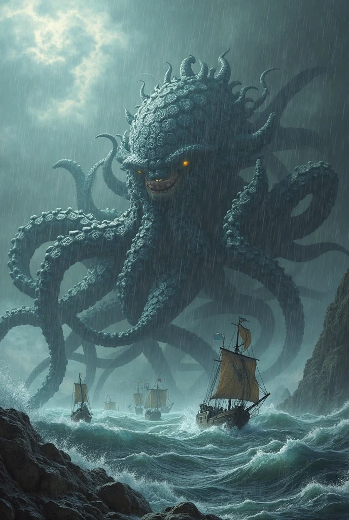 a gigantic monster with many eyes many mouths and tentacles looms dangerously over a harbor full of sailing ships