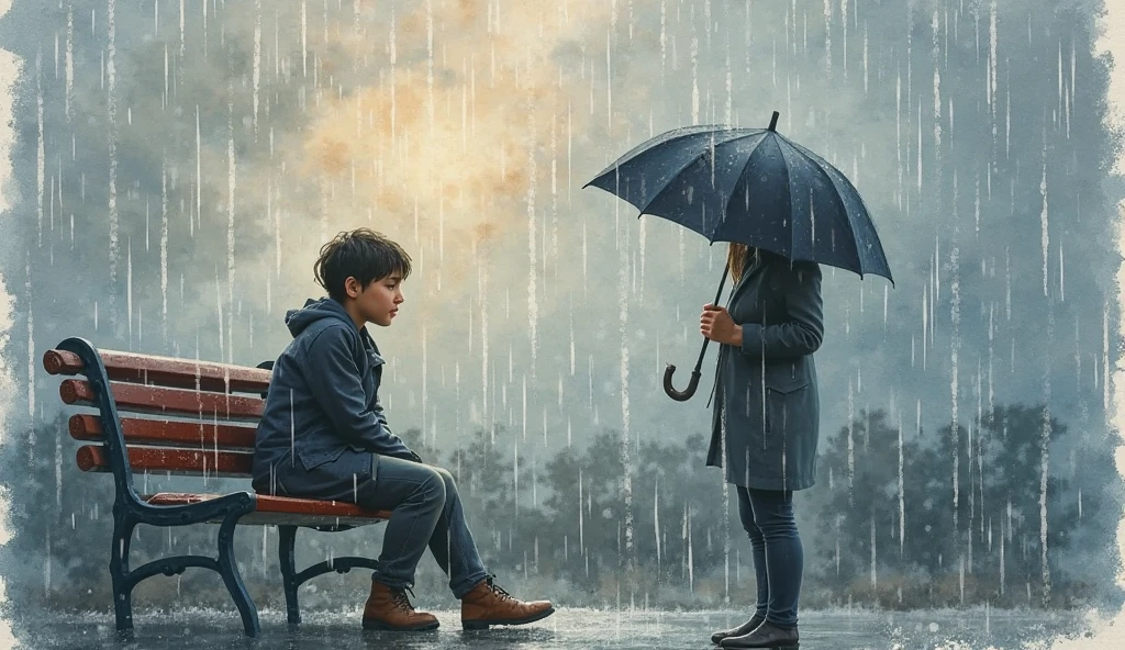 Create an image depicting two contrasting scenes of a child facing bullying at school and on the second family support. On the left side, show a child who is being bullied, looking down with a sad expression, feeling isolated and vulnerable, with darker, rainy more muted colors to reflect their loss of confidence and the hostile and depressive environment around. On the right side, show a child who has been protected by family and parents, standing confidently with a supportive parents around child, with brighter, warmer colors to highlight their regained sense of security and positivity.