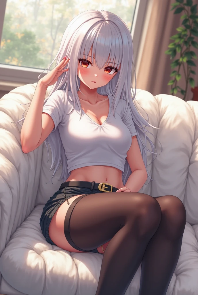 masturbation, Nude, pussy, vaginale, ((pussy juice)), (Highest quality, High resolution, Very detailed), 1 female, Silver Hair, Long Hair, Reddish brown eyes, Large Breasts, Slim beautiful legs, spread legs, secretary, 24th generation, Beautiful woman, mature, quiet, Calm, ((orgasm face)), sofa,