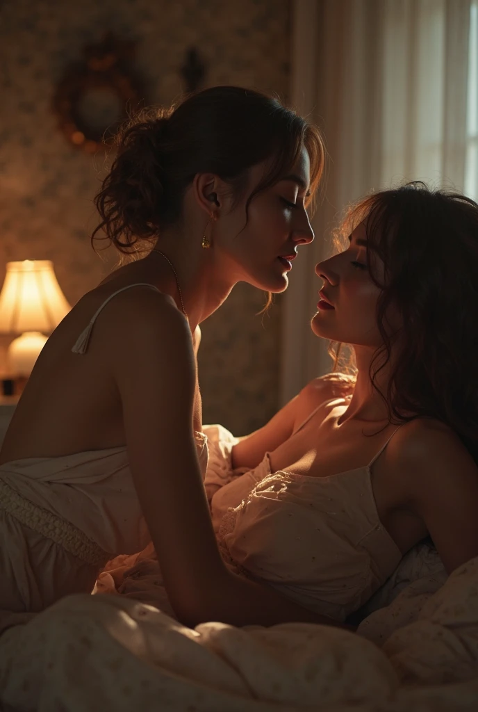 Create an evocative image of emma watson (hermoine granger) and natalie portman 9padme amidala), side by side outside a spaceship, resting on a bed, resting on a bed, gazing silently towards the horizon where the warm hues of a setting sun paint the sky in nostalgic colors. Cinematic lighting. boxer shorts, loose singlet top. hug. kiss. passionate gentle kiss on the lips. kissing. looking at each other. grabbing buttocks. consensual. Bliss. chiaroscuro technique on illustration of an elegant oldies , wet hair, vintage, eerie, matte painting, by Hannah Dale, by Harumi Hironaka, extremely soft colors, vibrant, highly detailed, digital illustrations , high contrast, dramatic, refined, tonal, emotional expression, golden ratio