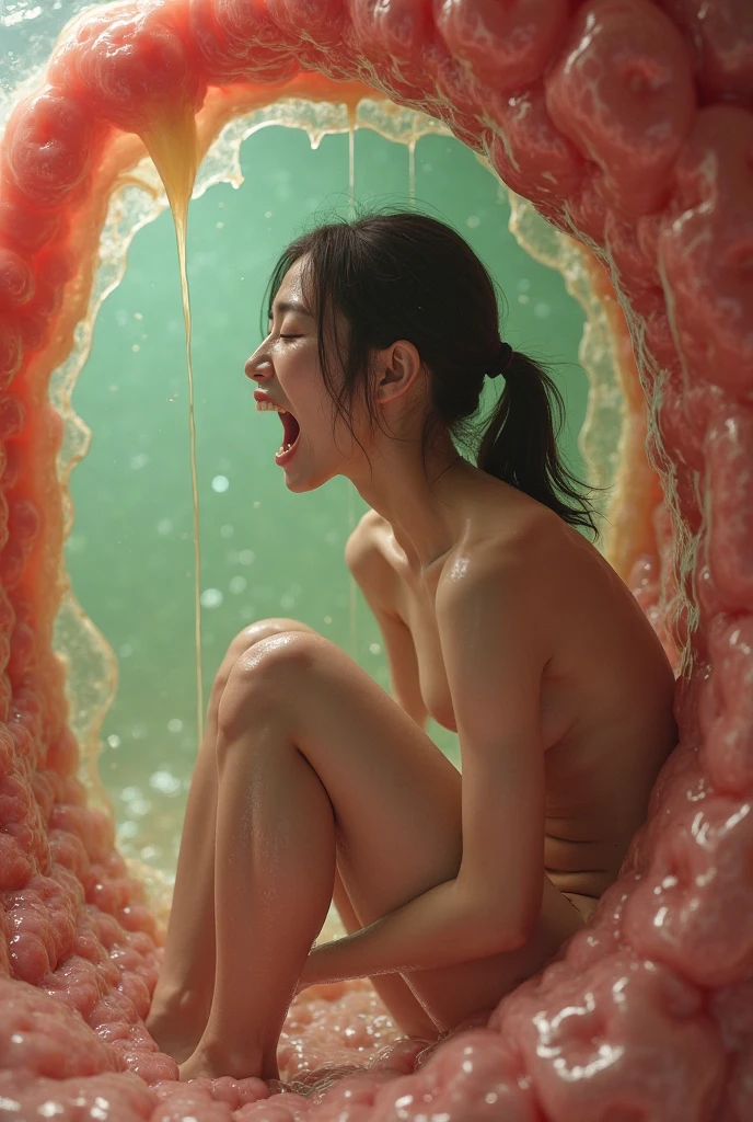 internal huge stomach view like stomach endoscopy, a japanese woman inside the stomach She sat for a while playing in the dark purple water with foam up to her waist,She wears a black, short skirt