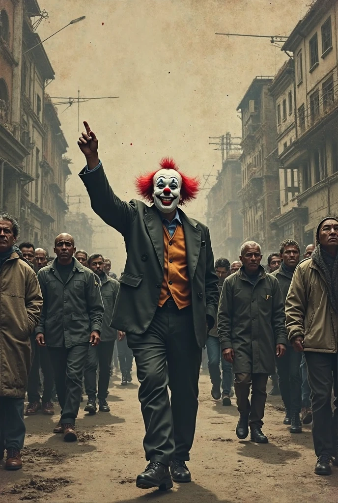 masterpiece, best quality, extremely detailed, hyperrealistic, photorealistic, a cool 40s man, ultra detailed face, clown makeup, red pirate hat, white skin, red nose, long blue hair, city, in the night, nightmarish, mystical fog, smoke, explosion, artistic jump, dynamic angle, surprised, 