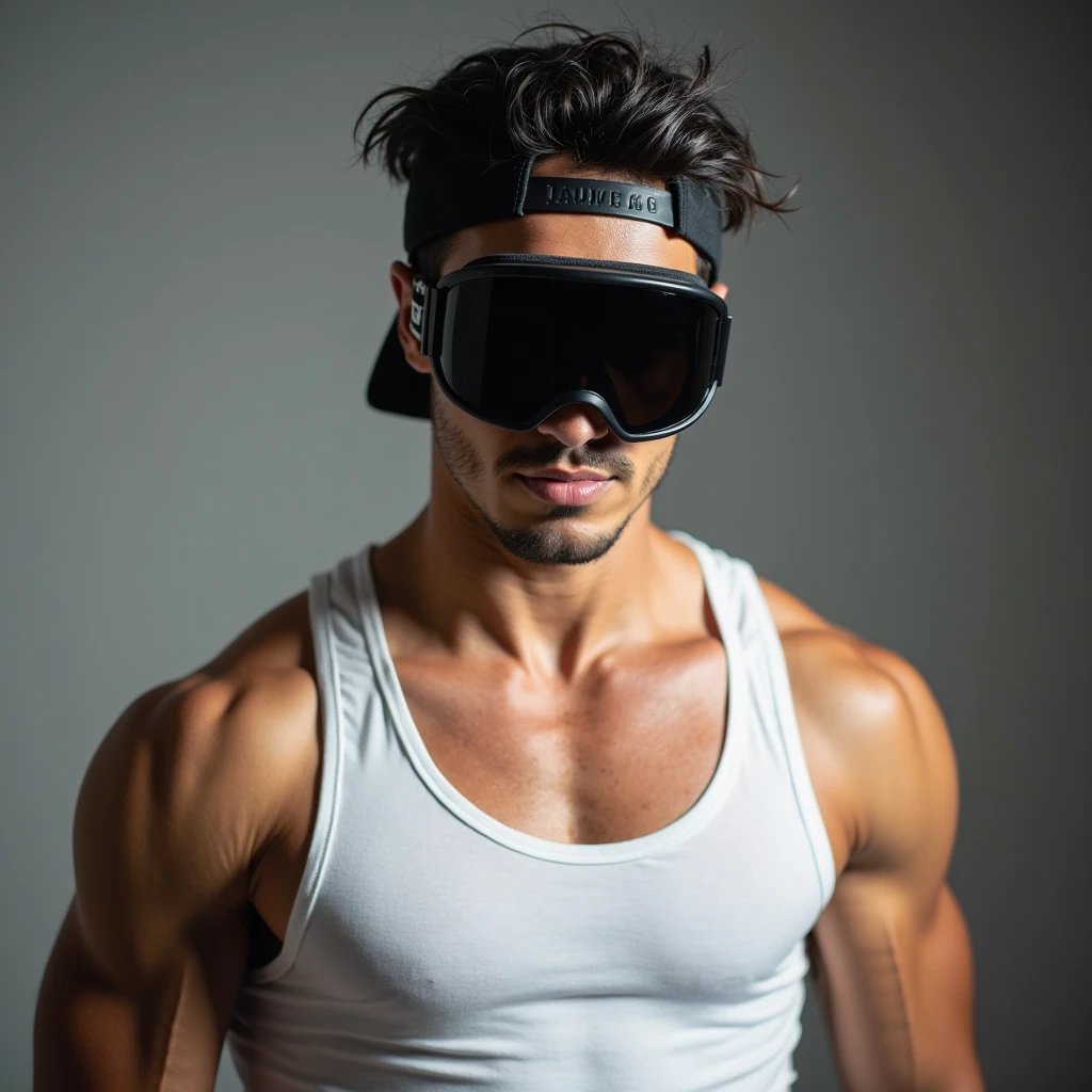 View of a male user undergoing a mindfulness session in VR, looks calm and focused.
