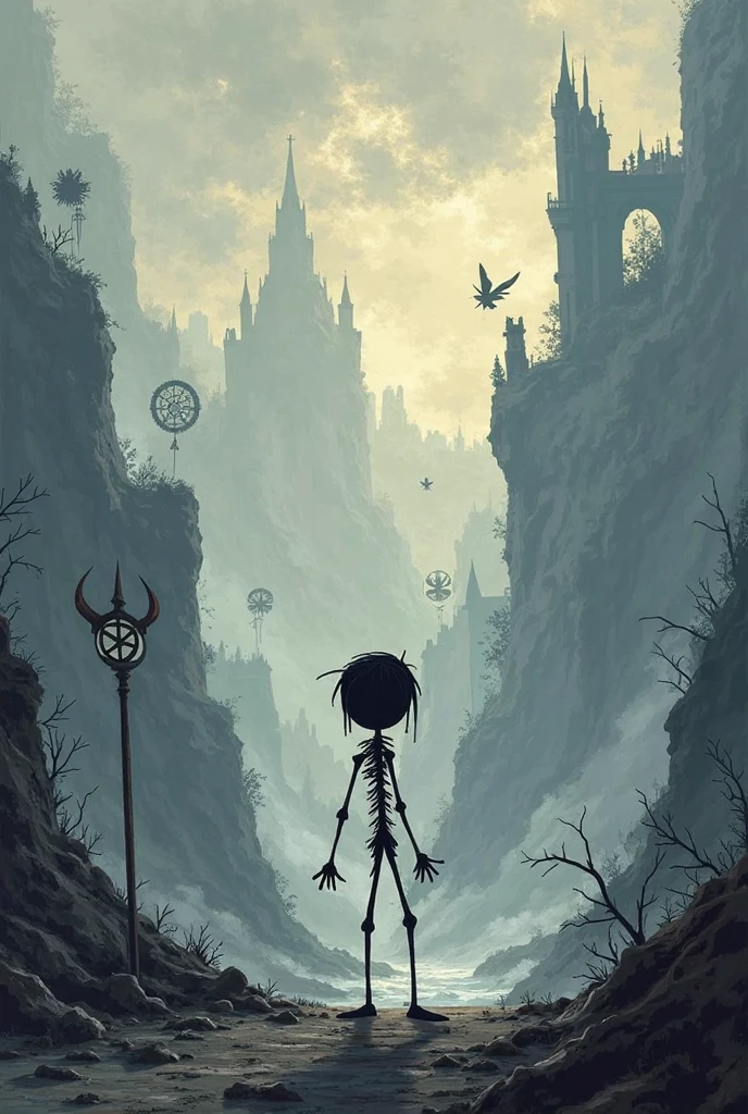 water, outdoors, skeleton, formal, from behind, castle, umbrella, hood, blue eyes, fish