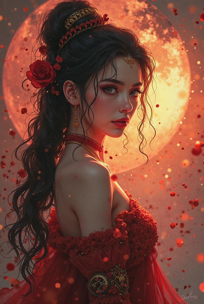 Young girl, nipplesnude, red verylong large hair, Full moon sky, aple red , book Holy! Fullhd, highquality, perfect,white roses!white roses