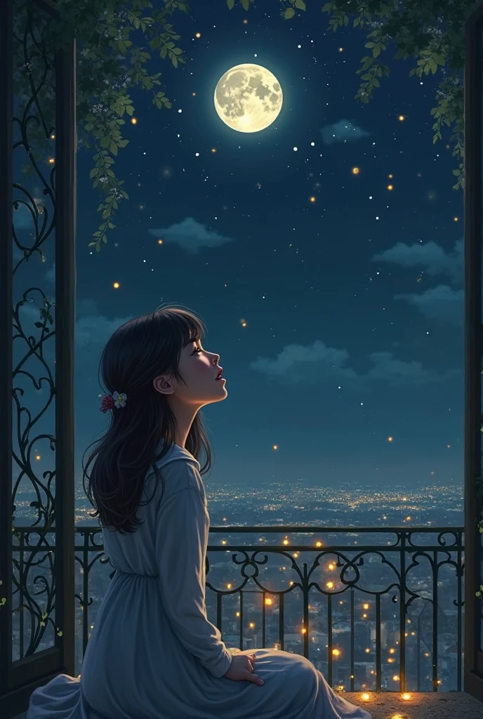 Image where a girl is in her apartment next to her window enjoying the night. In her hand, she has a small cake and on her head, a crown, she is in complete solitude in front of the moonlight, reflecting on her Pixar-style birthday. 