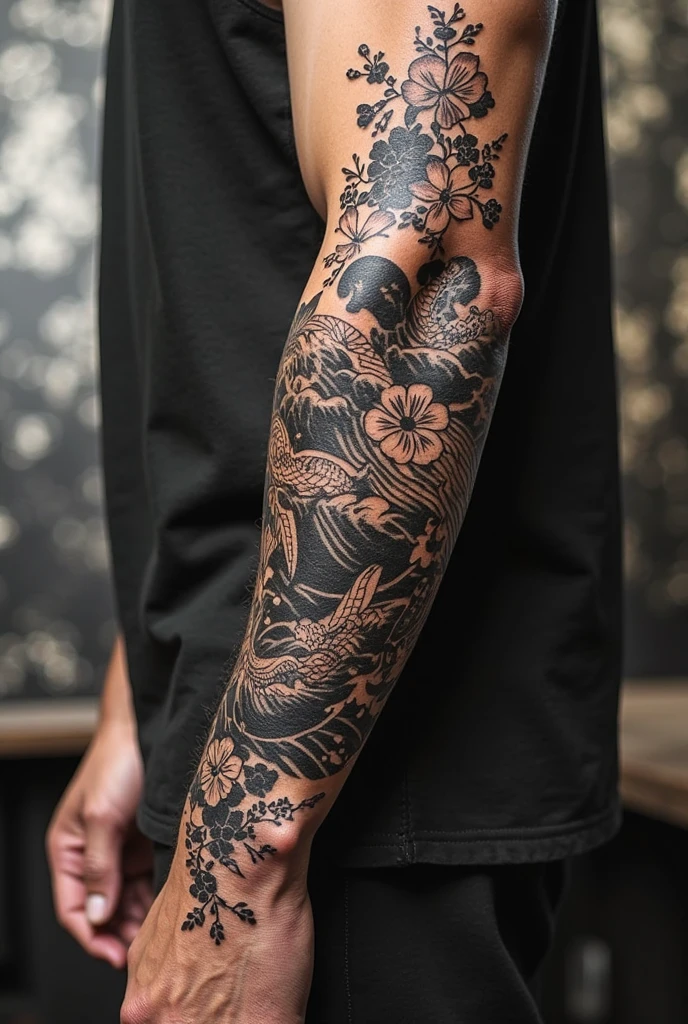 Japanese katana tattoo surrounded by smoke and butterflies