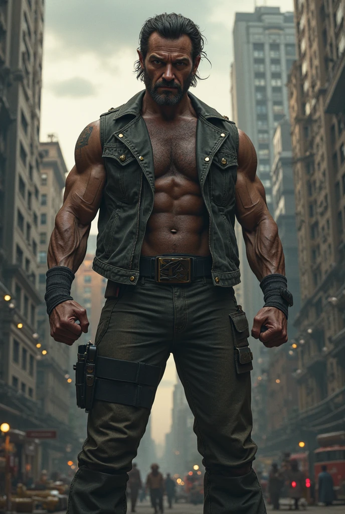 strong muscular man, street angry, epic realistic, photo, faded, complex stuff around, intricate background, soaking wet, neutral colors, ((((hdr)))), ((((muted colors)))), intricate scene, artstation, intricate details, vignette