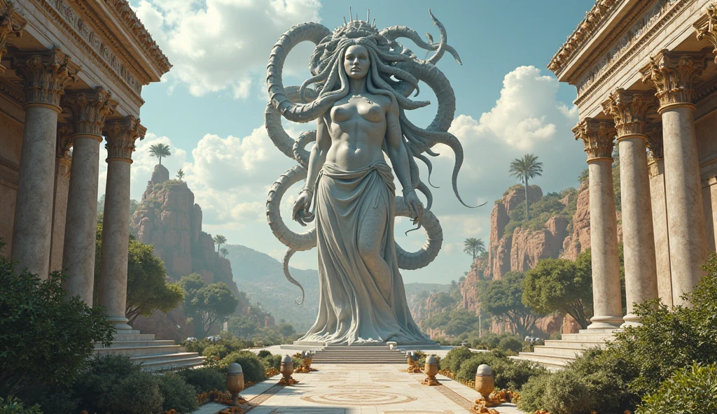 woman with snakes on her head medusa style angry expression glare and stone statues around petrified people