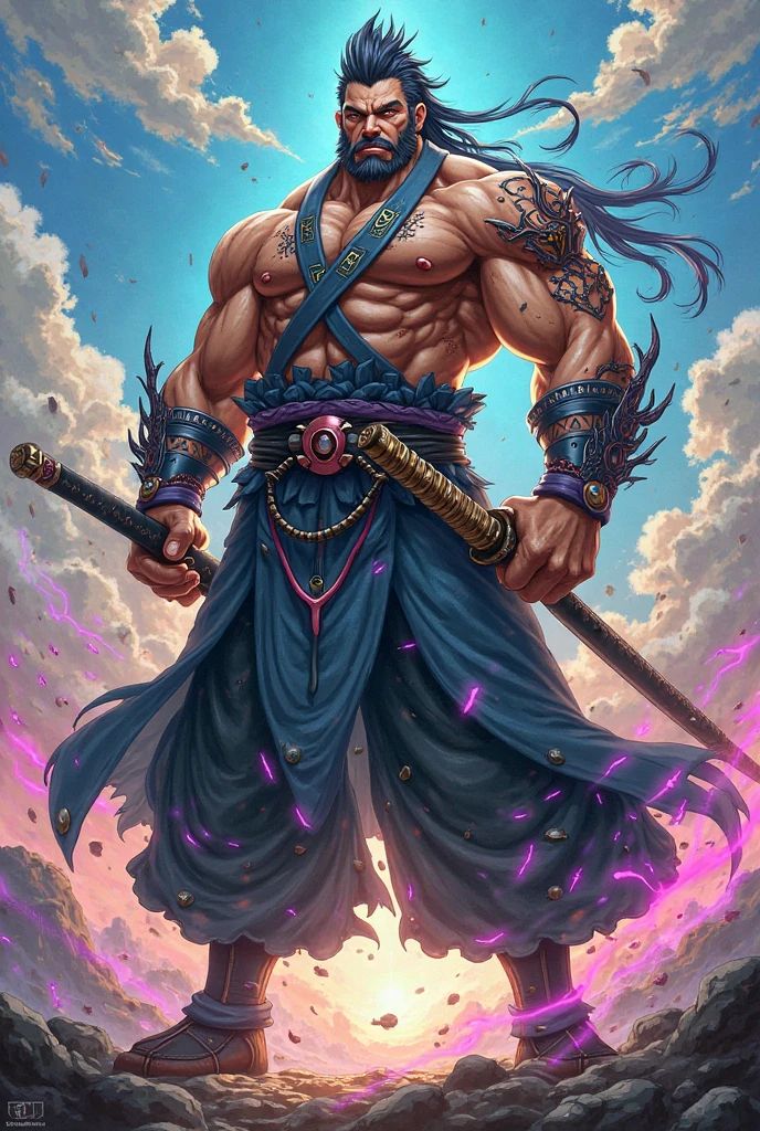 A highly detailed manga-style illustration of a very muscular man. He has medium-length white hair and large red horns on his head. On his right pectoral and right arm, there is a dragon tattoo with purple steam emanating from the arm. He is surrounded by mountains and forests. He is wearing samurai-style pants with a rope belt and thigh-high boots. His eyes are a bright green, and he is surrounded by a dark aura
