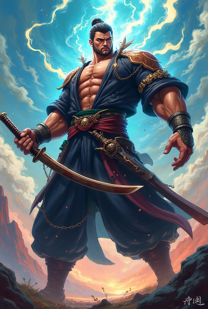 A 2 meter samurai, short, spiky, white hair, no beard muscular body and scarred face, a 100kg black sword and an anime style smile