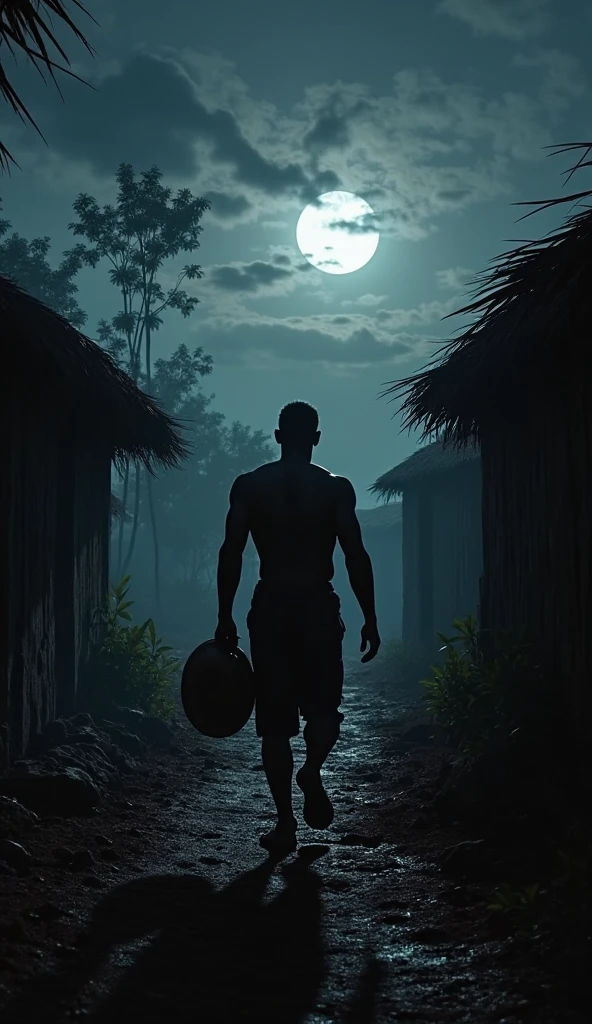 An African hunter with short hair patrolling the village of huts in the night 
