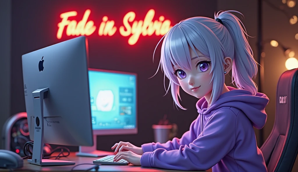 photorealistic Beautiful girl 18 years old with Short purple hair in a cyberpunk outfit and with an inscription on her cheek "I am not AI", emphasis on her face, She is standing in a room with a bunch of monitors and computers showing cats.