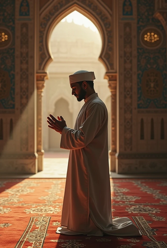 a man praying in a mosque with traditional attire
