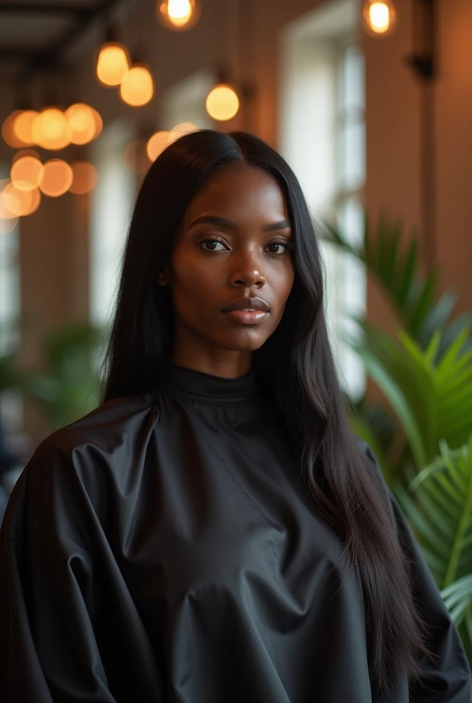 (((masterpiece))), African Melanie, brown skin, 1girl, long hair, looking at viewer, shirt, black hair, long sleeves, upper body, black shirt