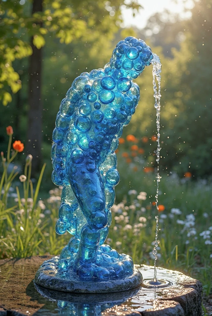 portrait of a water man (made of water:1.4) standing in the street, made of fluid, transparent water