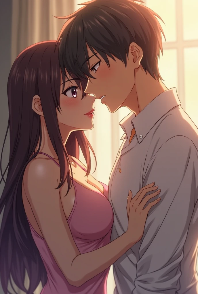 1boy, muscular, brown hair, brown eyes, naked, passionate hug, head to breast, head hugging breast, head hug breast, 1girl, light maroon hair, long curly hair, ponytail with black ribbon, two strands framing her face, Brown eyes, light pink lips ,white long sleeves buton, unbuttoned shirt, open shirt, off shoulders, unclothing, medium breast, black bra, black panties,parted lips, sexy pose, cute, indoors, night, bedroom, lamp, lights off Waiting