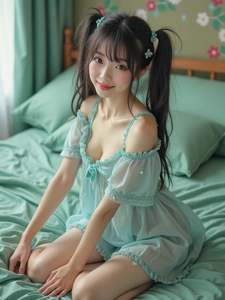 Sleeping Girl, 18 years old, Realistic, Wearing green panties and a transparent nightgown, Open legs, Expressions of satisfaction and relief, Brown hair. Pink bed theme and some cute stuffed animals on the bed,An ultra-high picture quality,high-detail,Happened