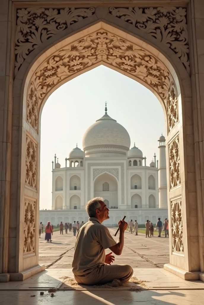 Generate an taj mahal and people are shooting it, cinematic lighting.