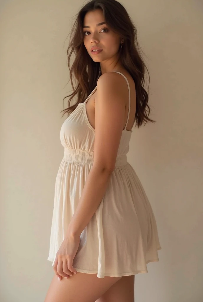 beautiful lady, role model, beautiful smiling, basic makeup, hyperdetailed photograph, hyper realist, smooth light, full body portrait, light clothing, from the back showing the hair, cover, long  hair, light neutral image background
